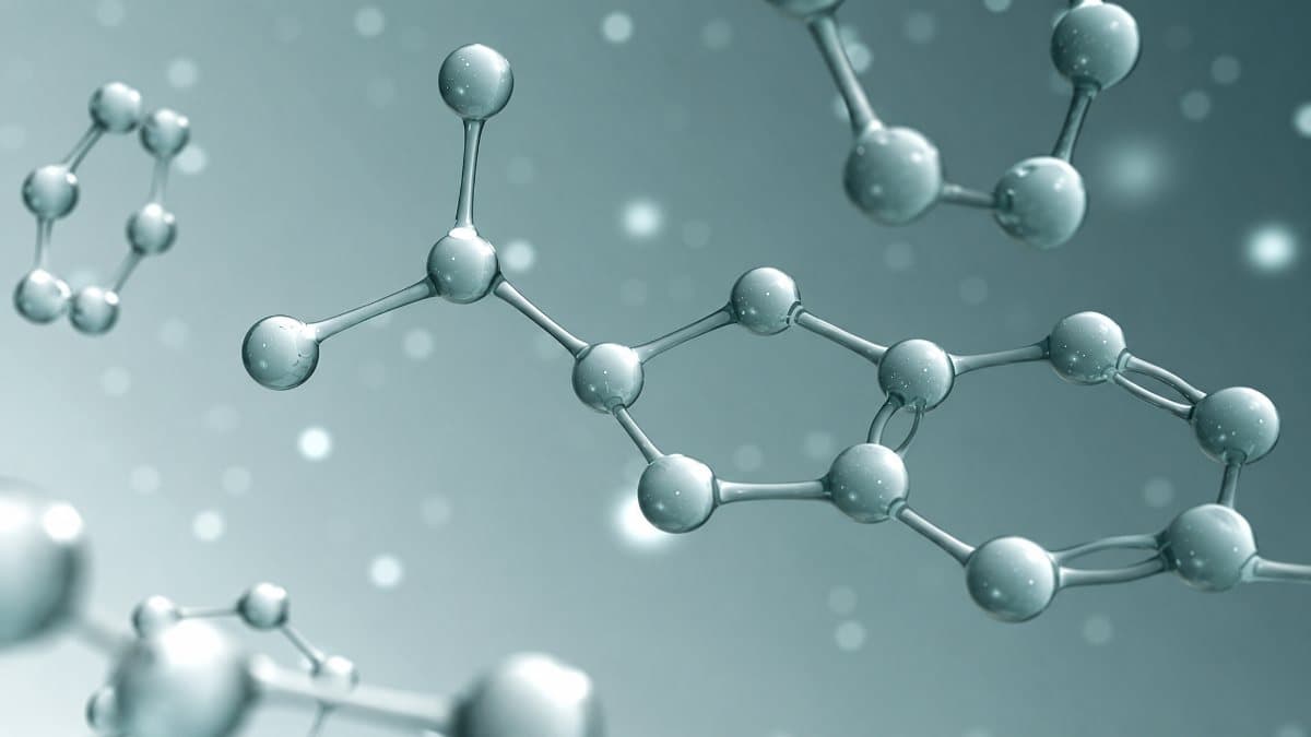 Close-up 3D render of glass molecules
